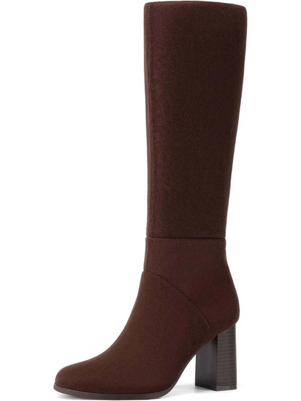 Women's Dark Brown Faux Suede Chunky Block Heel Round Toe Knee High Boots